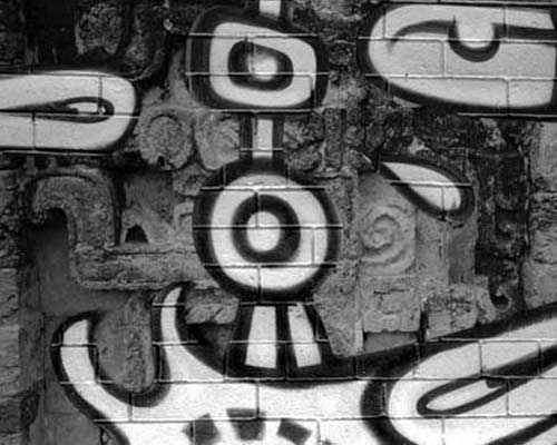 New York graffiti with Mayan carving 2005 