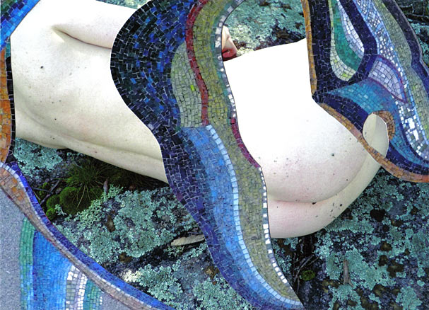 Curvy lines from a Bronx mosaic frame a nude reclining on a rock