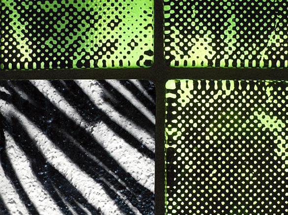 4 window quadrants, 3 with black and green half-tone pattern, one with B&W scribbles