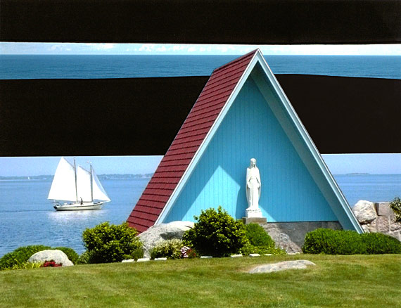 Horizontal stripes of green grass, blue water and black, surround A-frame shrine with turquoise interior